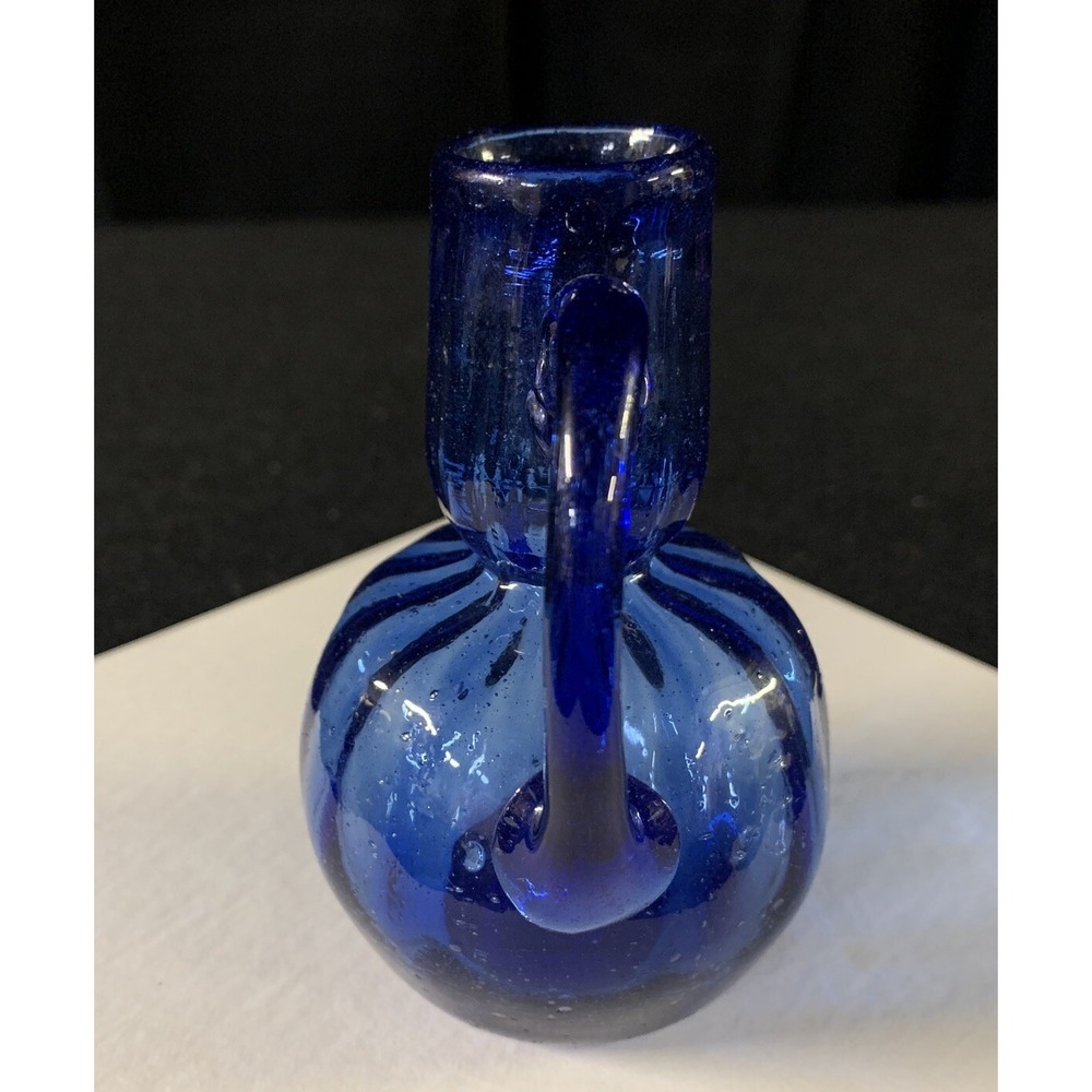 Hand Blown Ribbed Neck Blue Bottle with Applied Handle. Bubble Glass. Super Thin